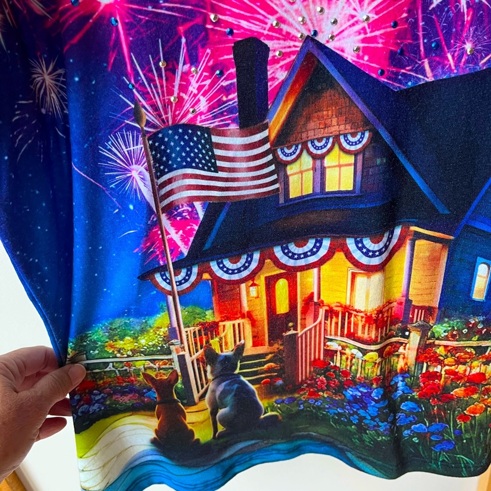 Gloria Vanderbilt Bling T Shirt Fireworks Patriotic USA Dogs Medium - Picture 2 of 4